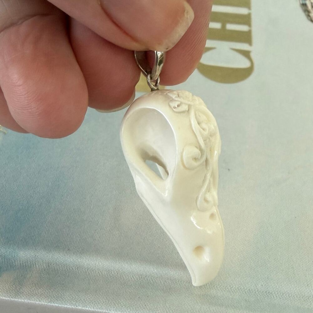 Hand Carved Raven Skull Pendant Sterling Silver - Picture 6 of 6
